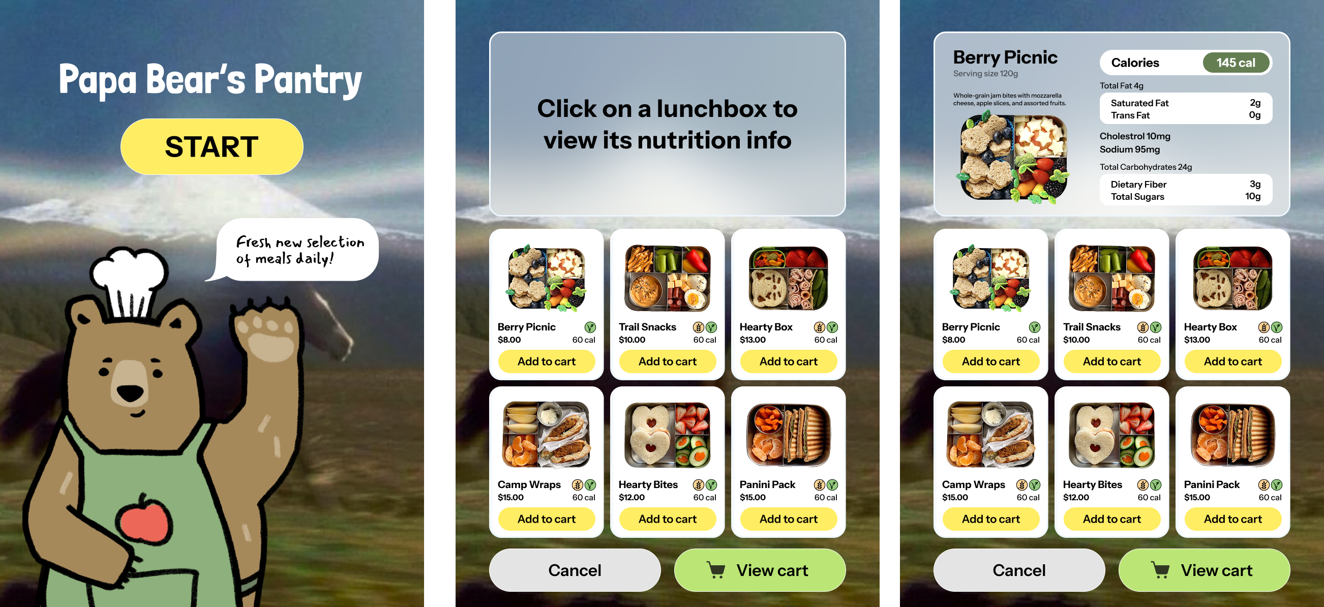 In this iteration of the wireframes, I included a start screen that introduces Papa Bear and sets the tone of the vending machine as something more “health” and fresh. After you tap the start screen, you are shown the options with a text that says “Click on lunchbox to view its nutrition info”, the objective was to let users know that they could click on an option to view the nutrition info of it. Even if users don’t read the text, they will naturally click on an option just to see what the cards do and it’ll still show the information of it as shown in the third screen.