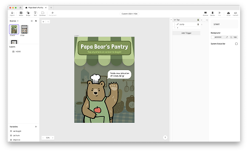 Building the onboarding screen in ProtoPie, setting up the start interaction and visual layout for Papa Bear’s Pantry.
