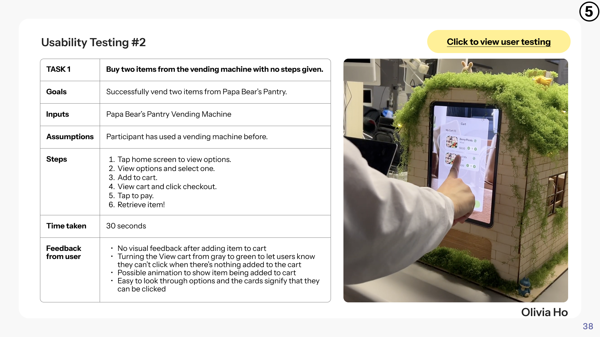 User 2 Feedback: No visual feedback after adding item to cart, Turning the View cart from gray to green to let users know they can’t click when there’s nothing added to the cart, Possible animation to show item being added to cart, Easy to look through options and the cards signify that they can be clicked